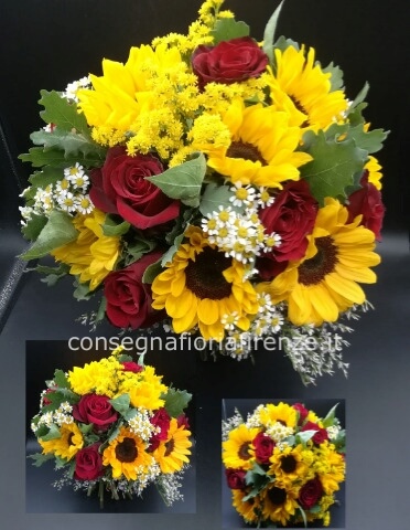 Bouquet rotondo di girasoli e rose rosse
