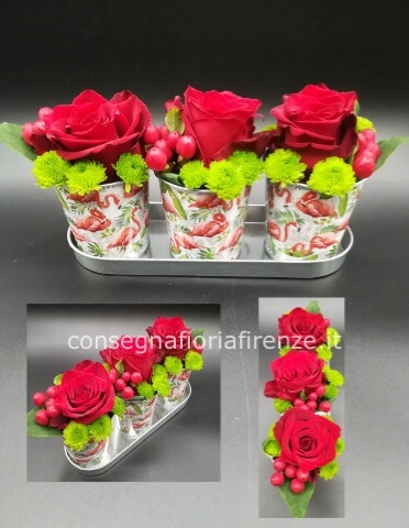 Set 3 Vasetti con Vassoio e 3 rose rosse