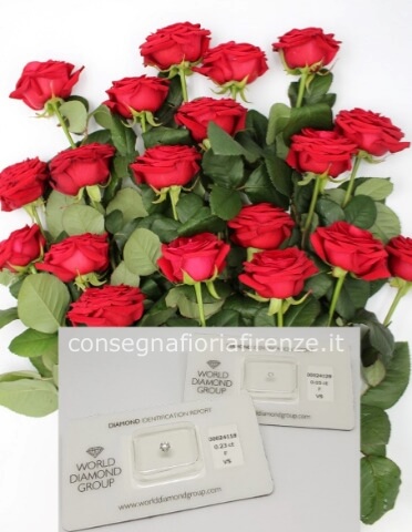 12 rose rosse (stelo lungo) + diamante 0,05 carati (in blister)