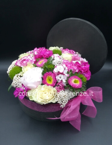 Flowerbox "nera" grande (diam 24), con fiori misti di stagione